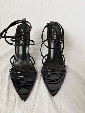 Cape Robbin Black Patent Pointed-Strap Ankle Wrap Heels